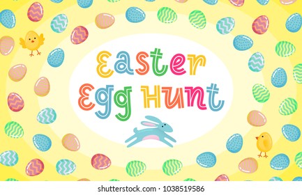 Easter egg hunt vector poster with jumping Easter banny and colored ornate egg on yellow gradient background. Funny cartoon invitation party poster, banner, flyer for Easter joy fun family celebration