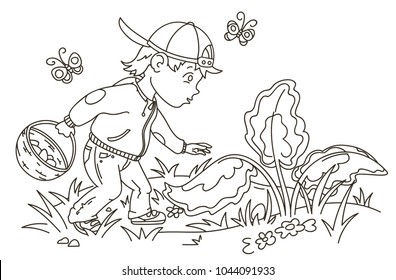 Easter Egg Hunter Boy Looking for Eggs, Outline Vector Illustration