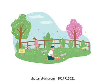 Easter egg hunting 2D vector web banner, poster. Kids play traditional game in yard. Happy children flat characters on cartoon background. Spring seasonal holiday printable patch, colorful web element