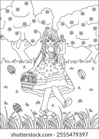 Easter egg hunting coloring page girl vector