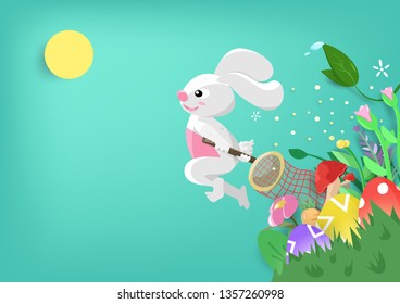 Easter, egg hunting, greeting card holiday, cute bunny cartoon in the flower garden, invitation poster background vector illustration
