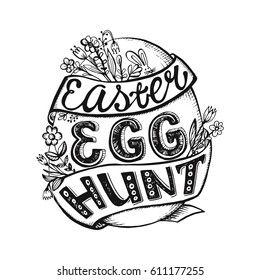 Easter egg hunting. Vector handwriting lettering with flowers.