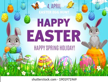 Easter egg hunting vector poster, cute bunnies and decorated eggs on field with flowers and butterflies. Cartoon flyer with rabbits and spring blossoms. Happy Easter holiday party event invitation