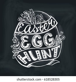 Easter egg hunting.Vector handwriting llettering with Flower ,ribbons.Calligraphy card,background.Spring vintage decoration.Chalkboard