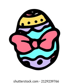 easter egg icon with bow color. the drawing of a hand-drawn egg with a pattern of multicolored stripes is turquoise, pink with a black outline in the style of a doodle with a pink ribbon bow on white 
