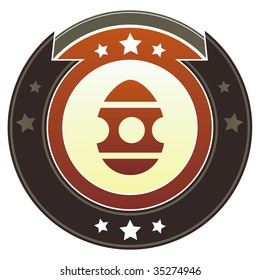 Easter egg icon on round red and brown imperial vector button with star accents suitable for use on website, in print and promotional materials, and for advertising.