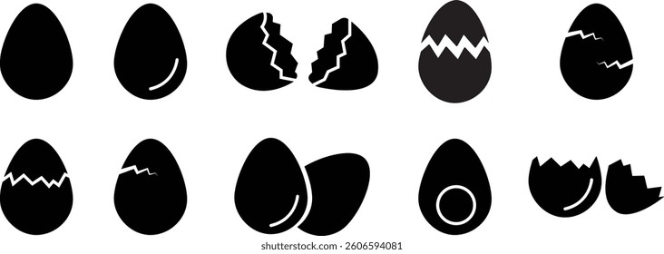 Easter egg icon set. Black solid eggs vector isolated on transparent background. Broken eggs icon set. Cracked eggs symbols. Vector illustration.