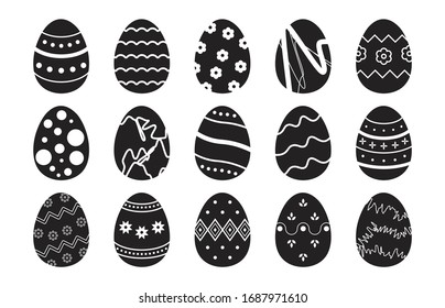 Easter egg icon set. Flat black eggs silhouette with abstract ornament pattern isolated on white background, decorative easter holiday design. Vector graphic illustration