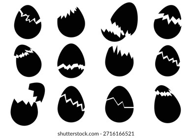 Easter egg icon set. Silhouette of broken Easter egg symbol icon vector set. Set of decorated ester eggs vector. Crack Easter egg icon.