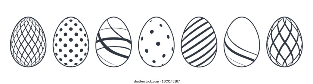 Easter egg icons. Black eggs set, isolated white background. Simple design, decoration Happy Easter. Holiday decorative elements collection. Cute pattern ornament. Spring symbol Vector illustration