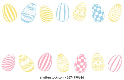 Ostereier-Ikonen-Kollektion im Doodle-Stil - Pferdebanner mit Platz für Text. Ornamentierte, endlose, unscharfe Hintergrund. Handgezeichnete Vektorillustration.