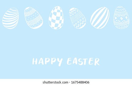 Easter egg icons collection in doodle style - horisontal banner with place for text. Ornamented endless bordure background. Hand drawn vector illustration.