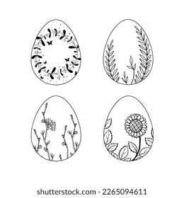 Easter egg icons collection in doodle style. Hand drawn illustration. Banner background.