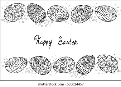 Easter egg icons collection in doodle style. Hand drawn illustration. Banner background.greeting card,page for coloring book.
Hand drawn lettering