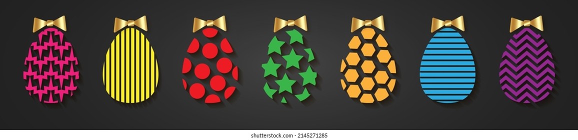 Easter egg icons. Colorful eggs set isolated on black background. Geometric design texture. Decoration Happy Easter celebration. Holiday elements pattern collection. Spring symbol Vector illustration