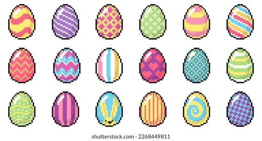 Easter egg icons in pixel art style with intricate patterns and motifs. 8 bit isolated vector illustration