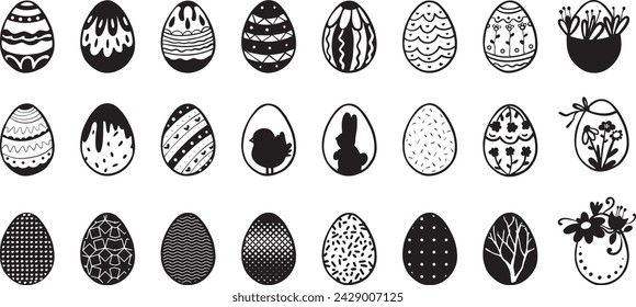 Easter Egg Icons, set of easter eggs, easter silhouette decoration element, vector outline on white background