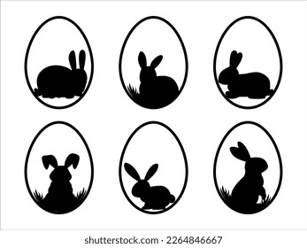 Ostereier-Icons.Eier mit Kaninchen auf dem Gras.Osterzeilensymbol.Set von Osterbasen-Icons.Ostereier-Form mit Kaninchen.	