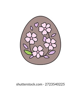 Ilustração de ovo de Páscoa. Ovo castanho com design floral rosa. Design simples, limpo e moderno. Primavera, férias, decoração. Isolado no branco. 