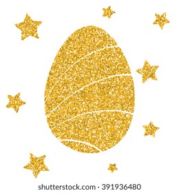 Easter egg illustration card drawn by hand, style with gold glitter effect, Decorative design for invitation, flyer, banner, card. Vector illustration. Isolated on white background.