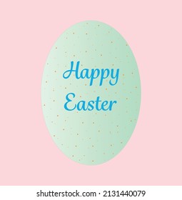 Easter egg illustration card. Happy Easter message on green speckled egg on soft pink background. Vector art for April and Easter celebration. 