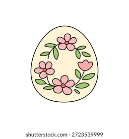 Ilustración de huevo de Pascua. Delicada corona floral de flores rosadas y hojas verdes adorna una forma de huevo beige. Diseño sencillo y limpio. Primavera, vacaciones y elemento decorativo.