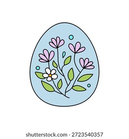 Easter egg illustration with floral design. Pastel blue egg with delicate pink flowers, green leaves, and small bubbles. Simple, clean, and festive spring graphic.