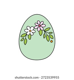 Illustration von Ostereiern. Hellgrünes Ei mit floralen Elementen: weiße und rosa Blumen, grüne Blätter. Einfaches, sauberes Design. Frühlingsferienkonzept.