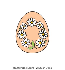 Ilustração de ovo de Páscoa. Ovo cor de pêssego decorado com uma coroa de margaridas. Design simples e limpo. Primavera, floral e festiva. Isolado no branco. 
