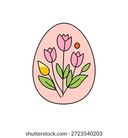 Ilustración de huevo de Pascua. Huevo rosado con tulipanes, hojas y un Pequeño círculo. Diseño sencillo y limpio. Primavera, colores florales, pastel. Elemento festivo, decorativo.