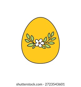 Ilustración de huevo de Pascua. Huevo amarillo decorado con una flor blanca y hojas verdes. Diseño sencillo y limpio. Aislado en blanco. Concepto de vacaciones de primavera. 