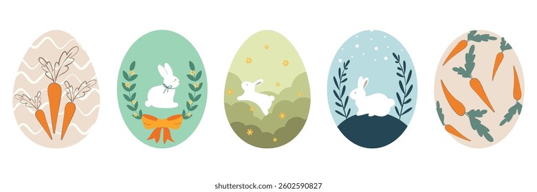 Easter Egg Illustrations Set with Rabbits, Flowers, Carrots and Colorful Patterns