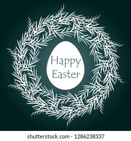 Easter egg inside a white floral ornament on a dark green gradient background-vector illustration