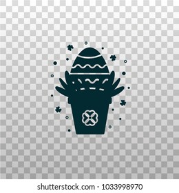 Easter egg into the floral pot - black silhouette icon on isolated transparent background. Christian original holiday symbol, sign, pictogram for greeting cards and invitations. 