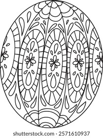 Easter egg with intricate floral and geometric patterns,in minimalistic outline vector style. Illustration suitable for coloring book