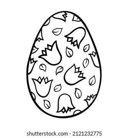 Easter egg isolated on white. Hand drawn black outline sketch in doodle style with bell flowers and leaves pattern. Single vector element for spring holiday design, cute baby print, greeting card.