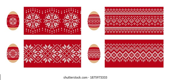 Easter egg with knit texture. Seamless knitted pattern. Vector. Set red sweater prints. Geometric background. Holiday fair isle traditional ornament. Wool illustration.