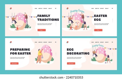 Easter Egg Landing Page Template Set. Happy Family Prepare for Easter Celebration. Tiny Parents, Granny and Children Painting Huge Egg. People Spend Holidays Time Together. Cartoon Vector Illustration