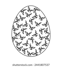 Easter egg leaves background, hand drawn floral elements for spring holiday. Black and white line art compositions for coloring page. Vector illustrations for card or invitations