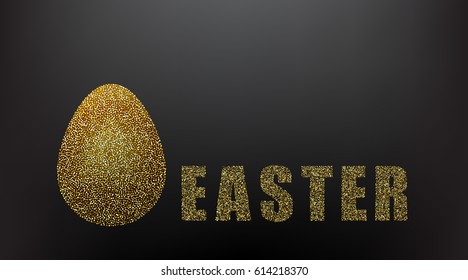 Easter egg and Easter lettering on a black background.Gold glitter texture
