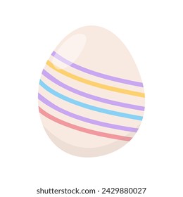 Easter egg of light color is daintily wrapped with colored threads.  Simple vector drawing isolated on white background. Holiday tradition, food gift. Bright spring colors