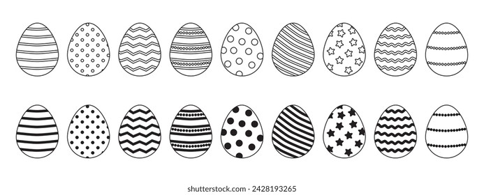 Easter egg line art, decoration doodle set, spring symbol outline design. Cute black and white holiday vector illustration