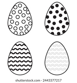Easter egg line art style vector eps 10. Easter egg outline design, black line art, coloring icon. Vector illustration isolated on white background. Set of Easter eggs flat design on white background.
