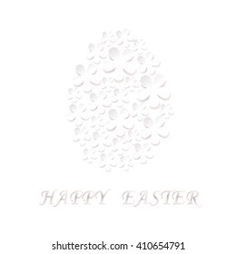 Easter egg made up of bulk paper flowers on white background.Card for Easter with the words Happy Easter. Vector Image.
