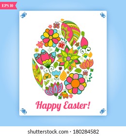 Easter egg made of flowers. Doodles ornament easter egg background