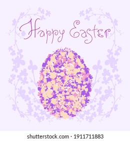 Easter egg made from flowers. Flower wreath. Lettering. Square festive background.
