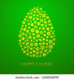 Easter Egg made up of flowers and leaves, yellow on green background