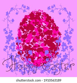 Easter egg made from pink and red flowers. Flower wreath. Lettering. Square festive pink background.