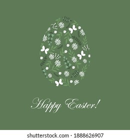 Easter egg made from plant elements. Happy easter. Template for postcards, flyers, banners.