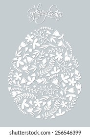 Easter Egg made of white floral pattern. White silhouette objects form an egg. Vector illustration.
